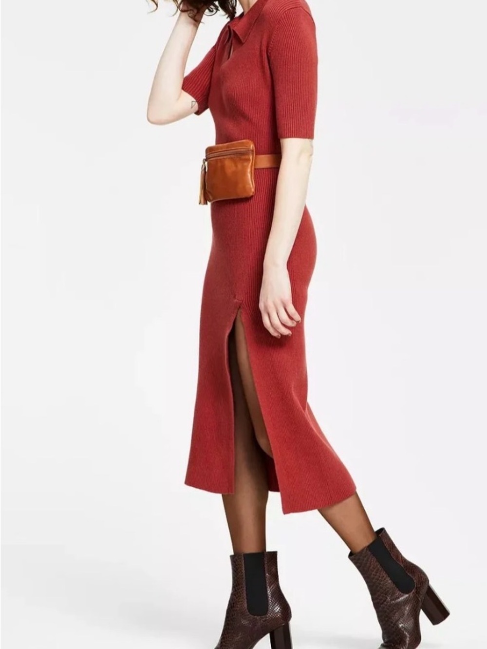 Sam Edelman Rust Rib-Knit Collared Midi Dress with Side Slit